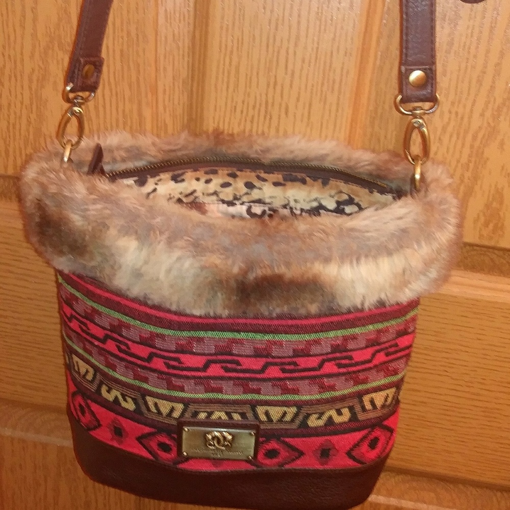 Sharif Tapestry, Leather and Faux Fur Crossbody